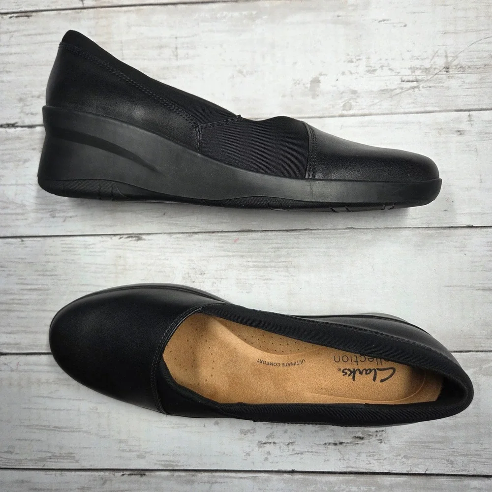 Clarks Wedge Shoes Womens 9.5 Black Leather Ultimate Comfort Slip On